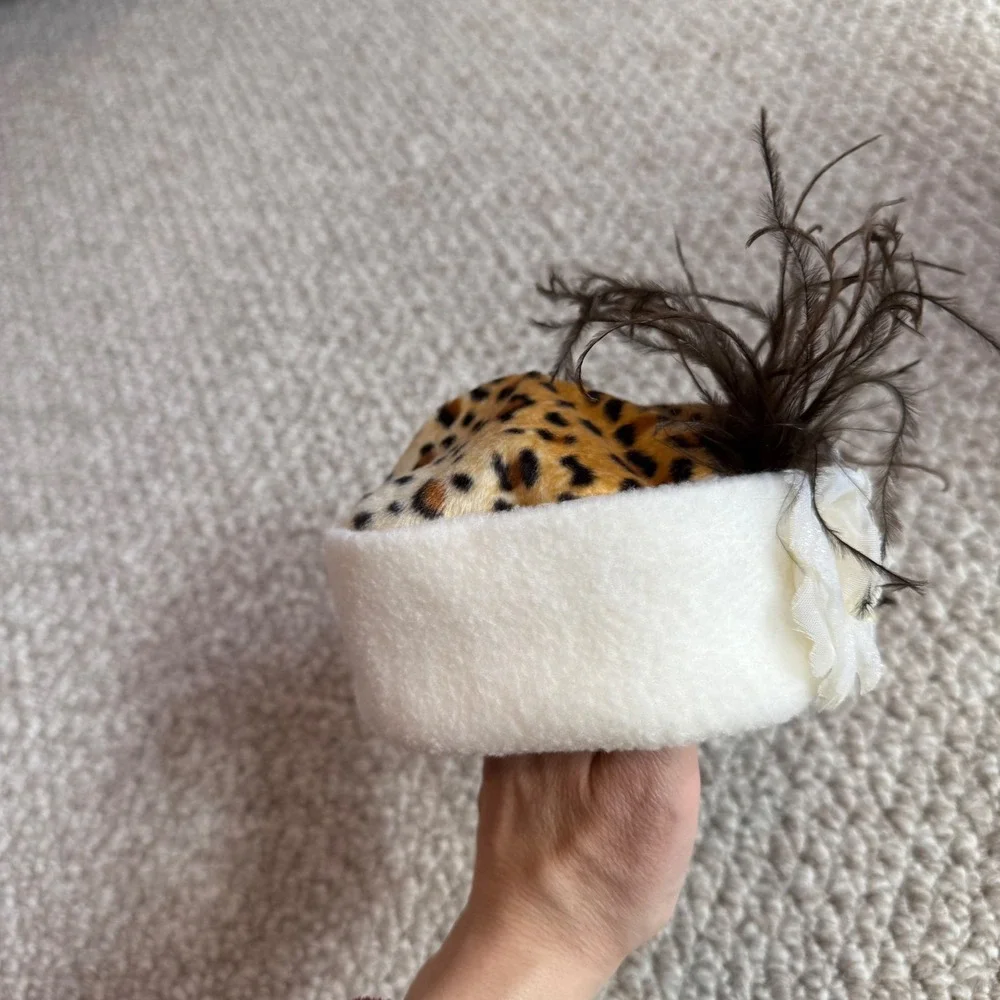 Kids Vintage Style Leopard Print Pillbox Hat with Rose and Feathers Cream